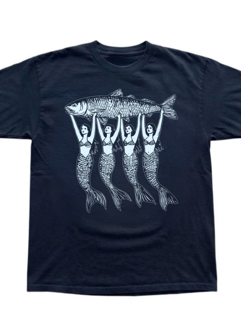 Gildan Navy Tee with White Mermaids & Fish Graphic